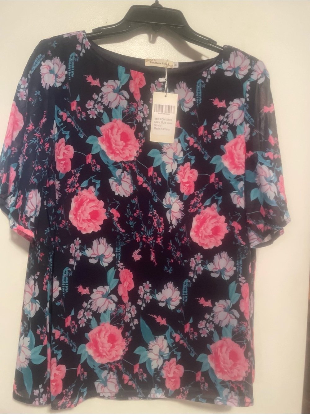 Floral Short-Sleeve Blouse - Navy with Pink Floral
